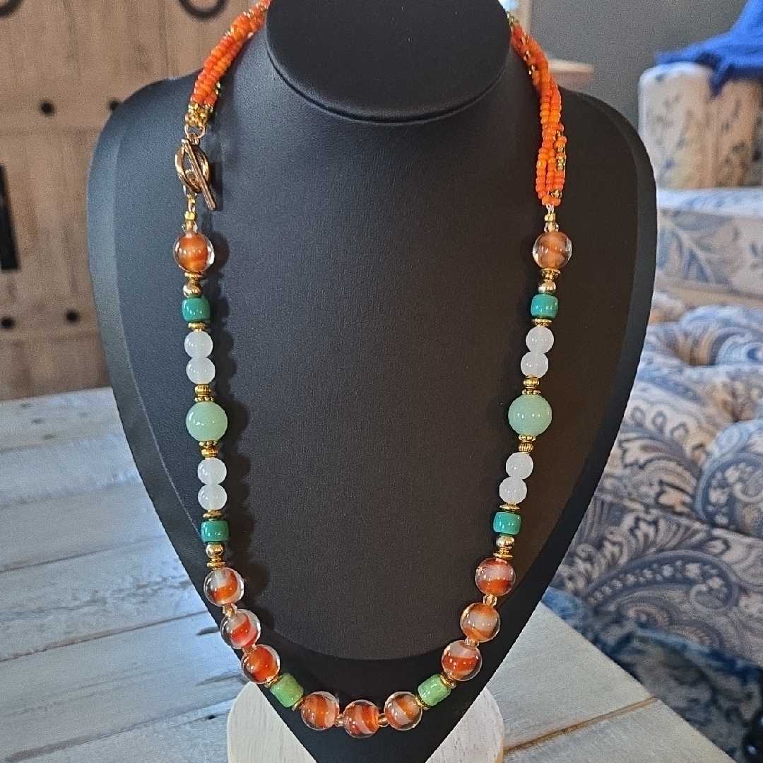 Vibrant Multicolor Orange And Light Green Beaded Hand-Blown Glass Necklace